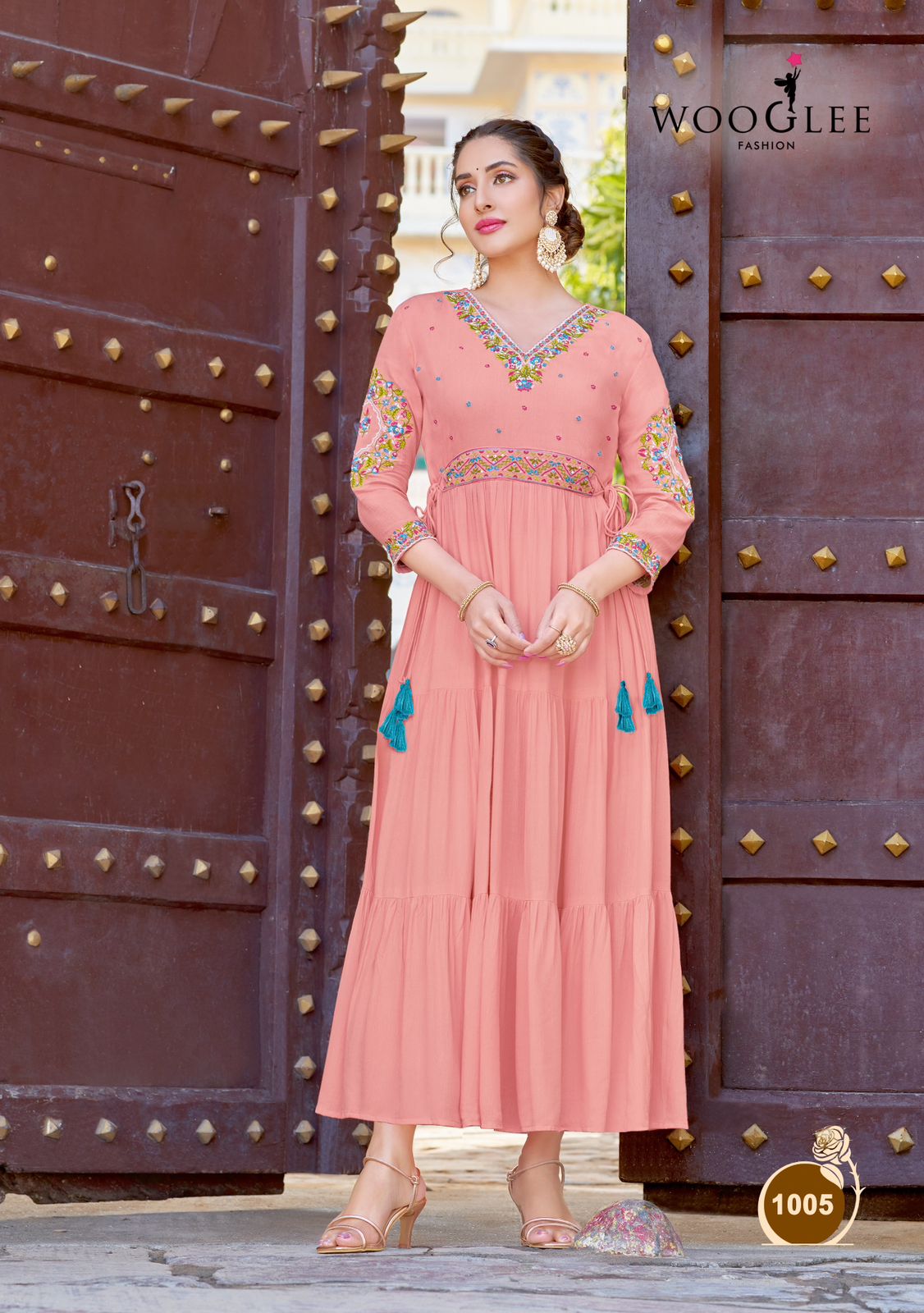 Nirja Vol 2 By Wooglee Designer Rayon Embroidered Long Kurtis Wholesale Price In Surat
